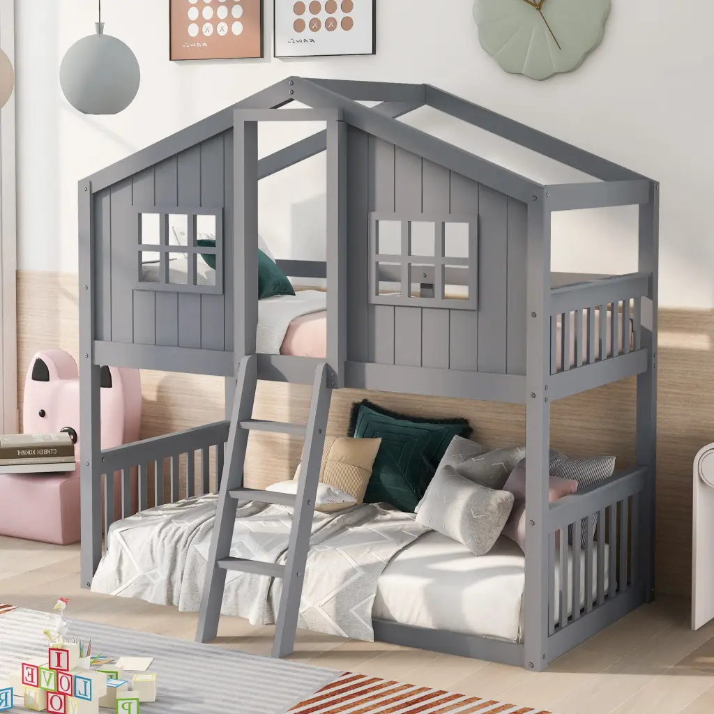 Twin Over Twin Houtilize Bunk Bed Ladder Gray Solid Wood Kids Bed lucky furniture