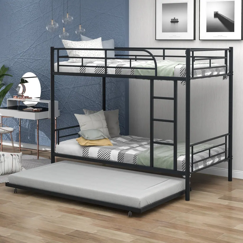 Twin Over Twin Metal Bunk Bed Trundle Convertible to Two Separate Beds Kids Bedroom Furniture lucky furniture