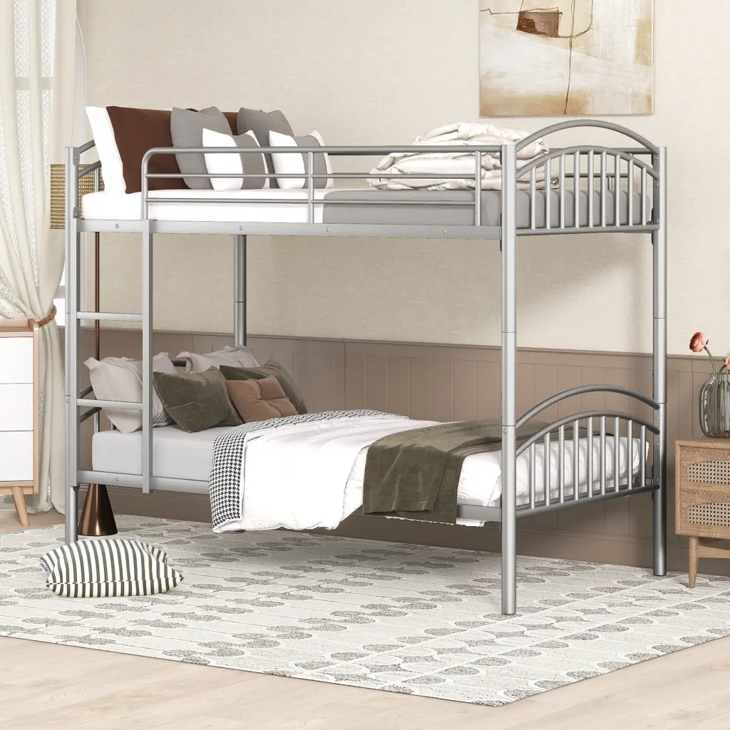 Twin Over Twin Metal Bunk Bed Divided into Two Beds Silver Kids Room lucky furniture