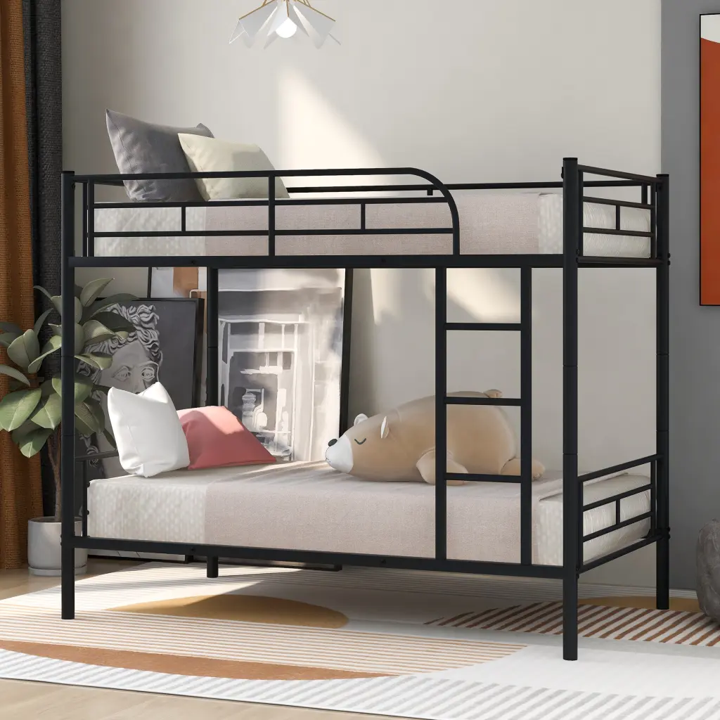 Twin Over Twin Metal Bunk Bed Black Space Saving Kids Bed lucky furniture