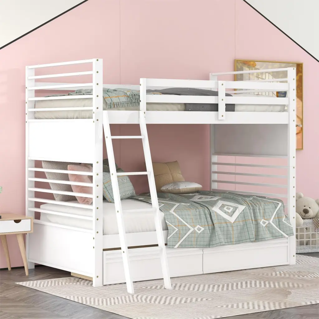 Twin Over Twin Wood Bunk Bed Two Drawers White Solid Wood Kids Bunk Bed lucky furniture