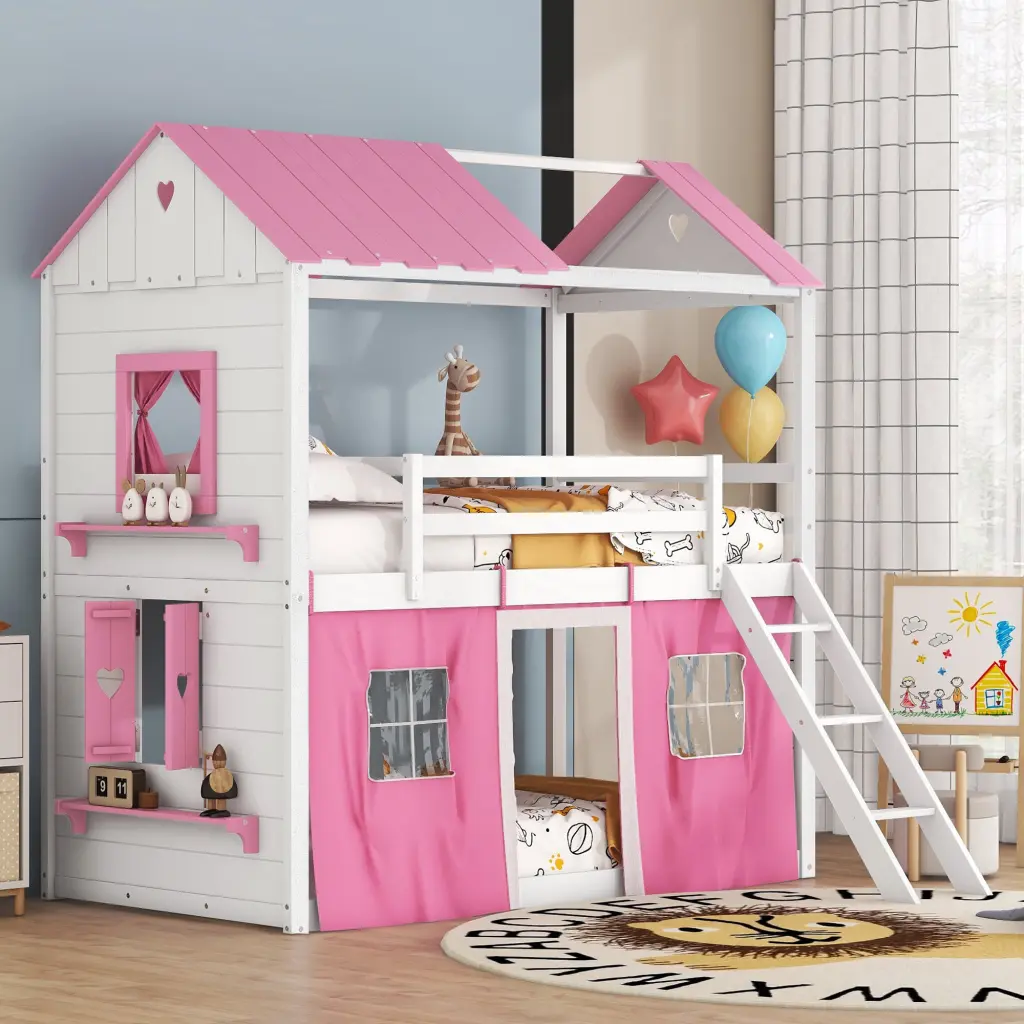 Twin Size Bunk Bed Elegant Windows, Sills and Tent Wood Finish lucky furniture