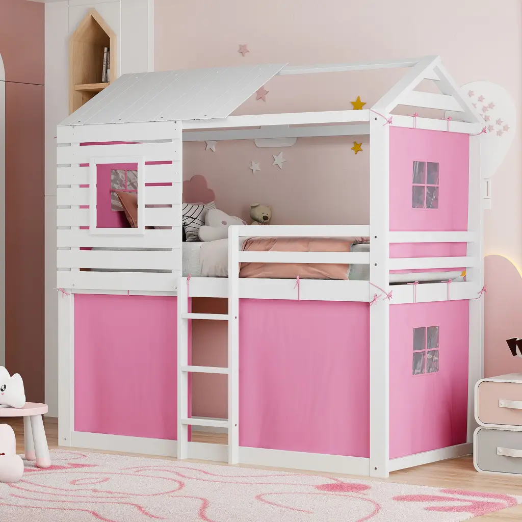 Twin Size Bunk Wood Houtilize Bed Tent Pink White Twin Pink White Solid Wood lucky furniture