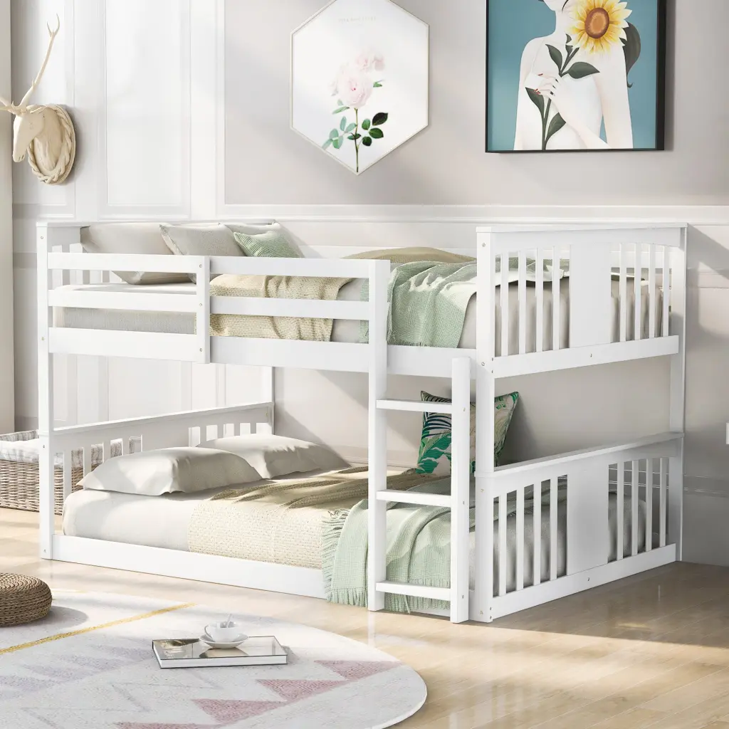 White Full Over Full Bunk Bed Ladder Kids or Teens lucky furniture
