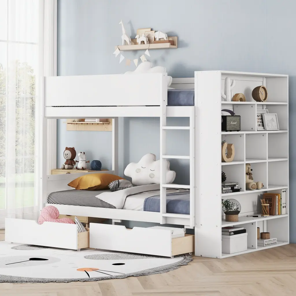White Twin Over Twin Bunk Bed 2 Drawers and Multi Layer Cabinet lucky furniture