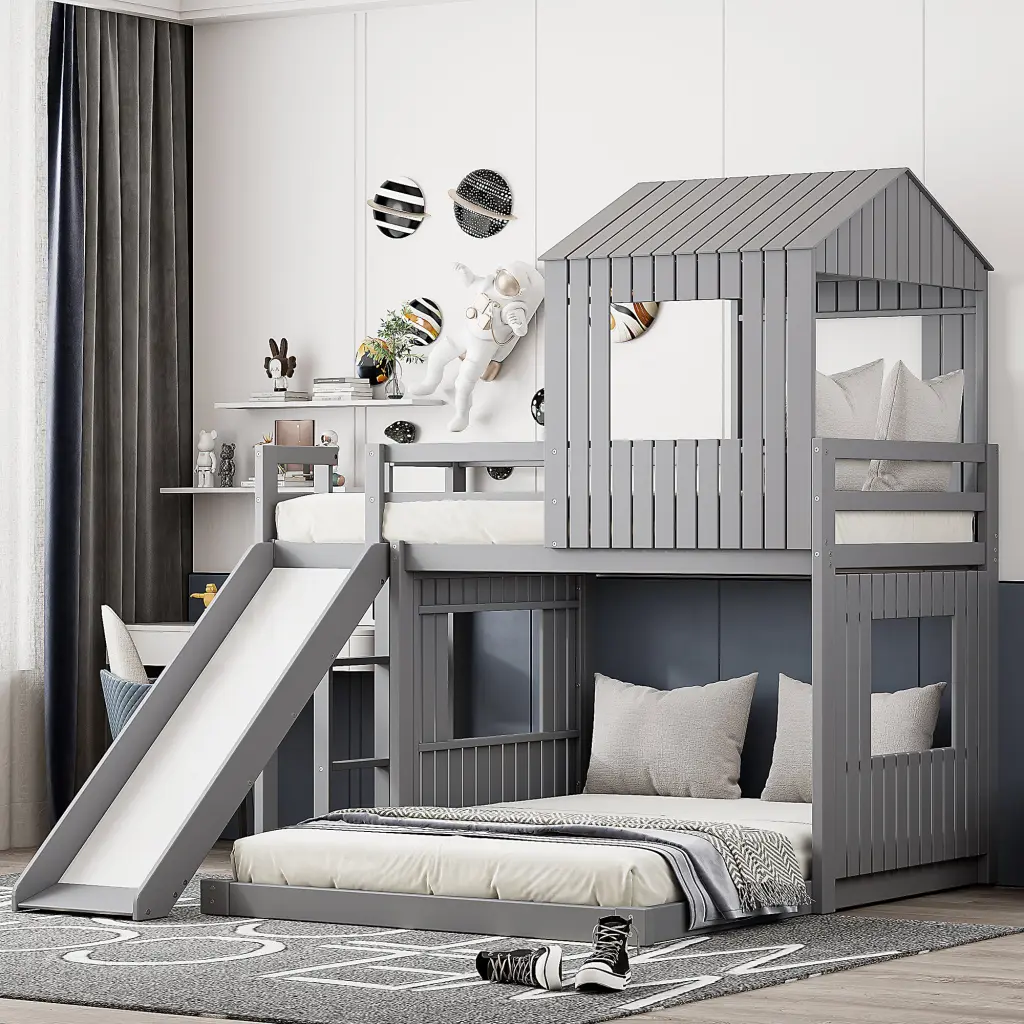 Wooden Twin Over Full Bunk Bed Playhouse Farmhouse Style Loft Bed lucky furniture