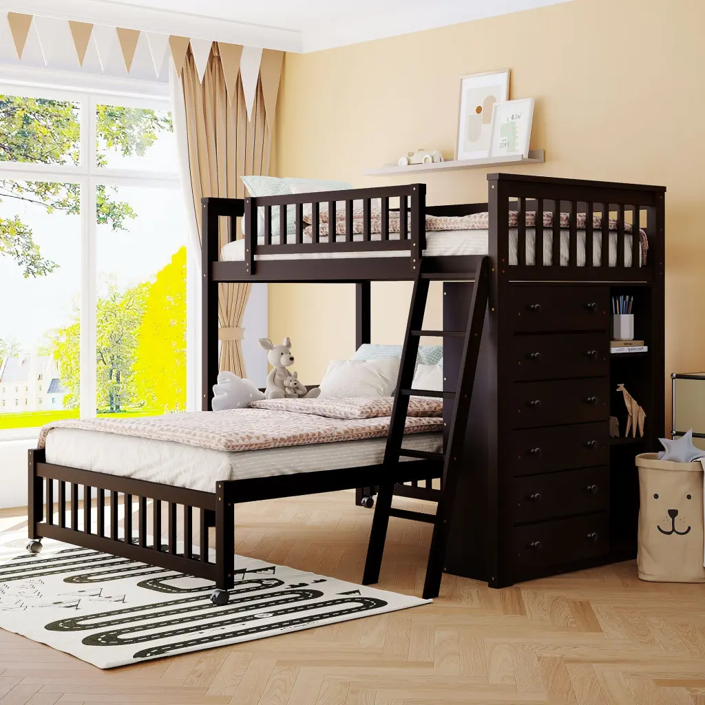 Wooden Twin Over Full Bunk Bed Six Drawers and Flexible Shelves lucky furniture