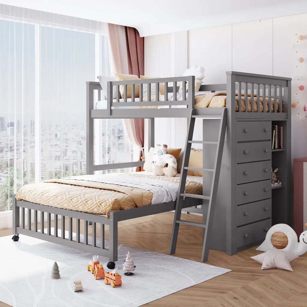 Wooden Twin Over Full Bunk Bed Six Drawers And Flexible Shelves lucky furniture