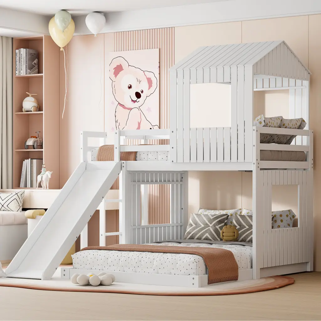 Wooden Twin Over Full Bunk Bed Loft Bed Playhouse Farmhouse Style Kids Bedroom lucky furniture