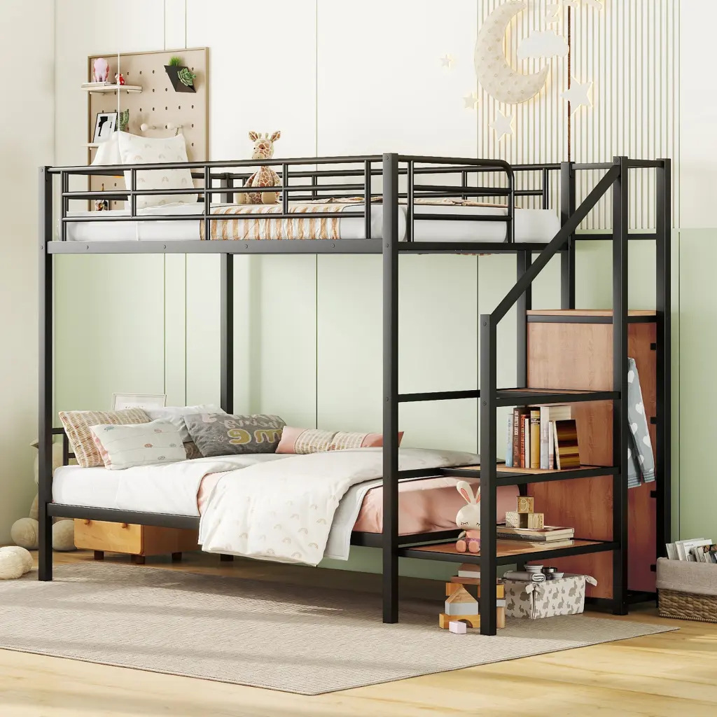 Twin Over Twin Metal Bunk Bed Lateral Storage Ladder and Wardrobe lucky world