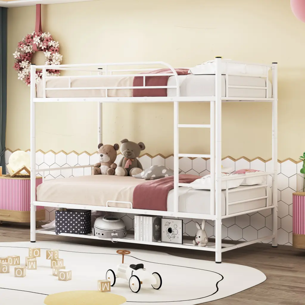 White Twin Over Twin Metal Bunk Bed Shelf and Guardrails lucky world