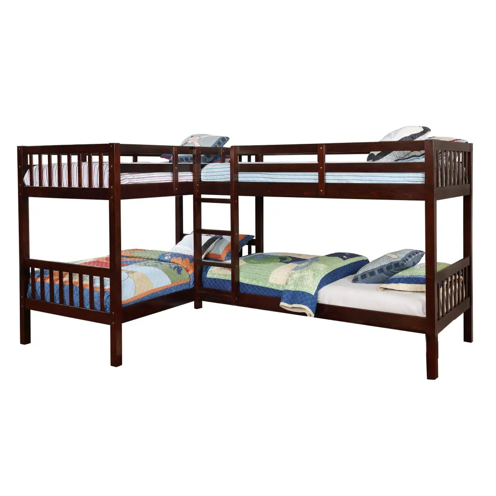 Wooden L Influenced Twin Quad Bunk Bed Attached Ladder Brown royal hampton