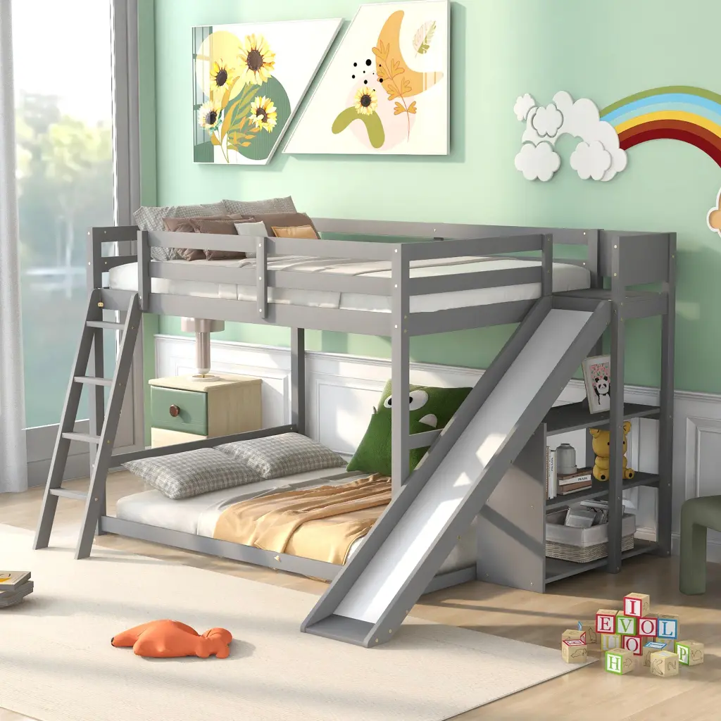Full Over Full Bunk Bed Ladder, Slide and Shelves Gray Pine wm store