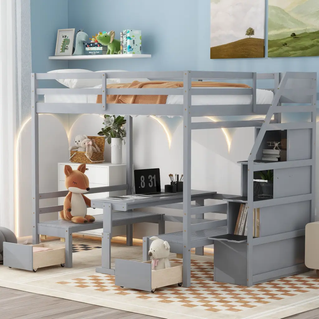 Full Over Full Bunk Bed Staircase Convertible Lower Bed wm store