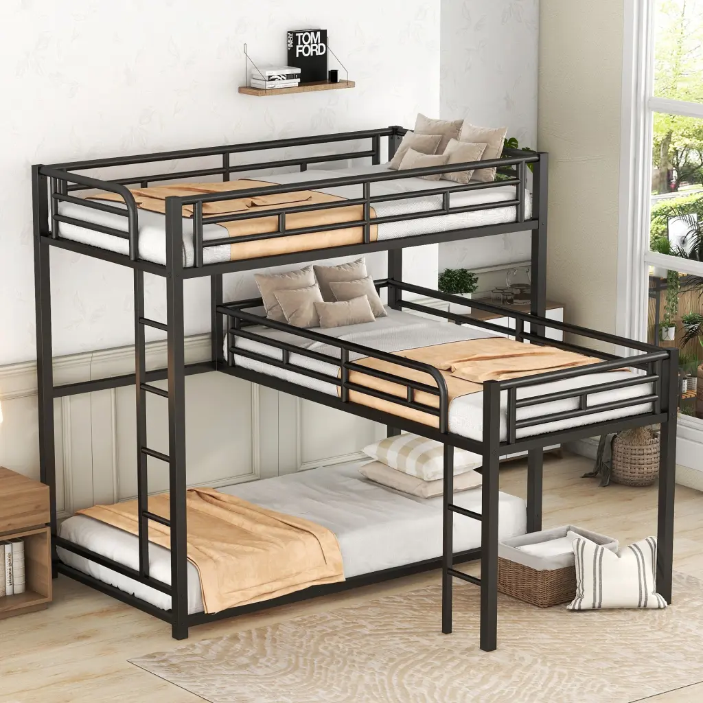 L Influenced Metal Triple Twin Size Bunk Bed Black Safety Rails and Ladder wm store