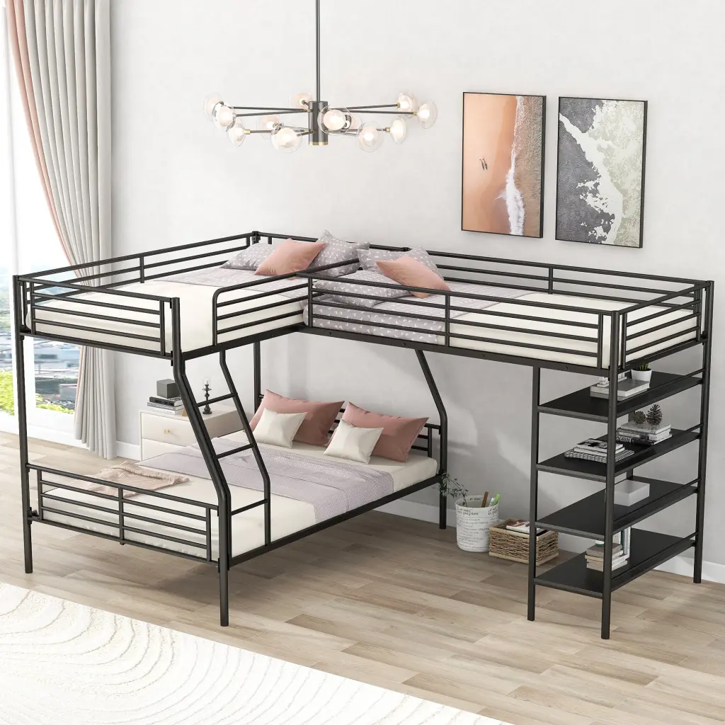 L-Shaped Metal Twin Over Full Bunk Bed and Twin Size Loft Bed Four Guardrails wm store