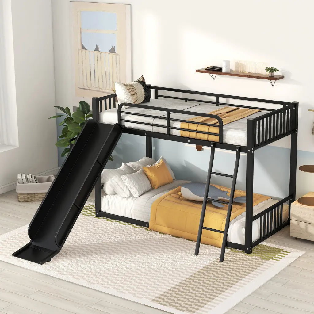 Metal Bunk Bed Slide Twin Over Twin Black Kids Bed No Box Spring Needed wm store