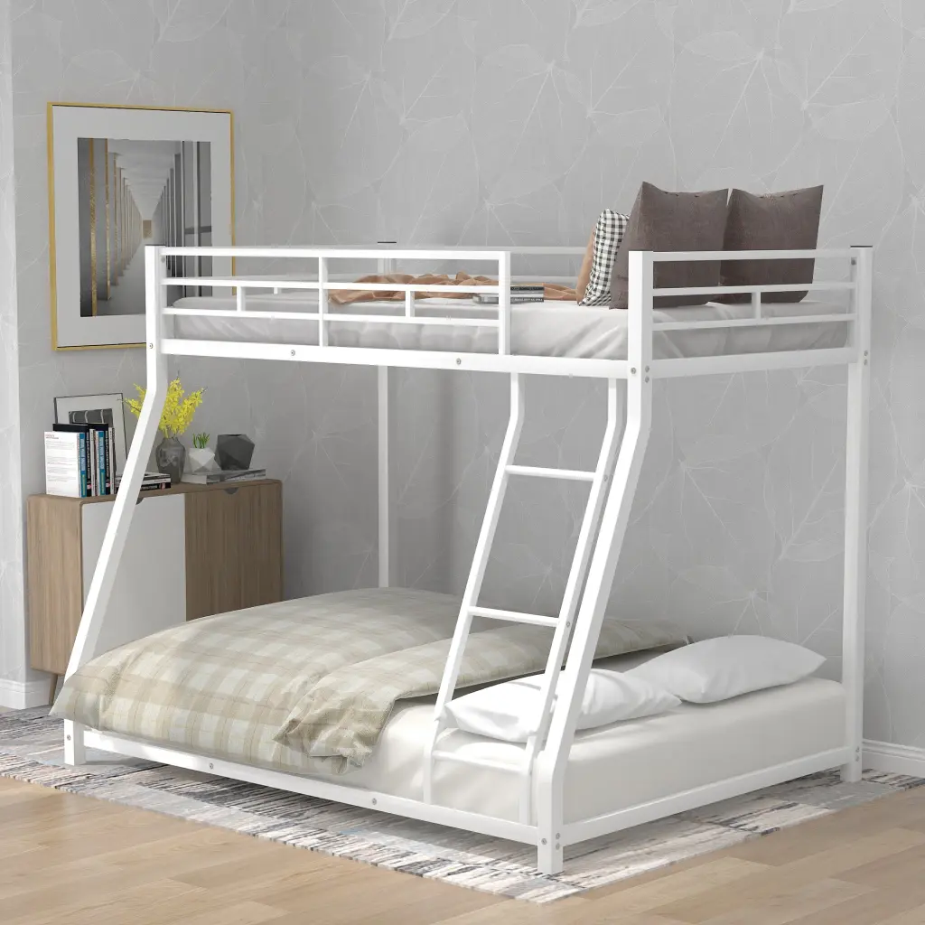 Metal Floor Bunk Bed Twin Over Full White Kids Bedroom Furniture wm store