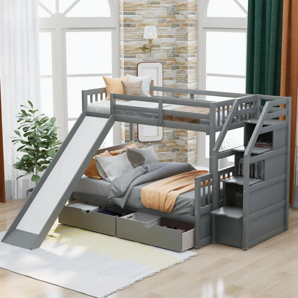 Twin Over Full Bunk Bed Drawers Storage and Slide Kids wm store