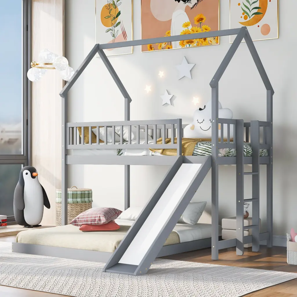 Twin Over Full Bunk Bed Slide And Ladder, Sturdy Wood Construction Kids wm store