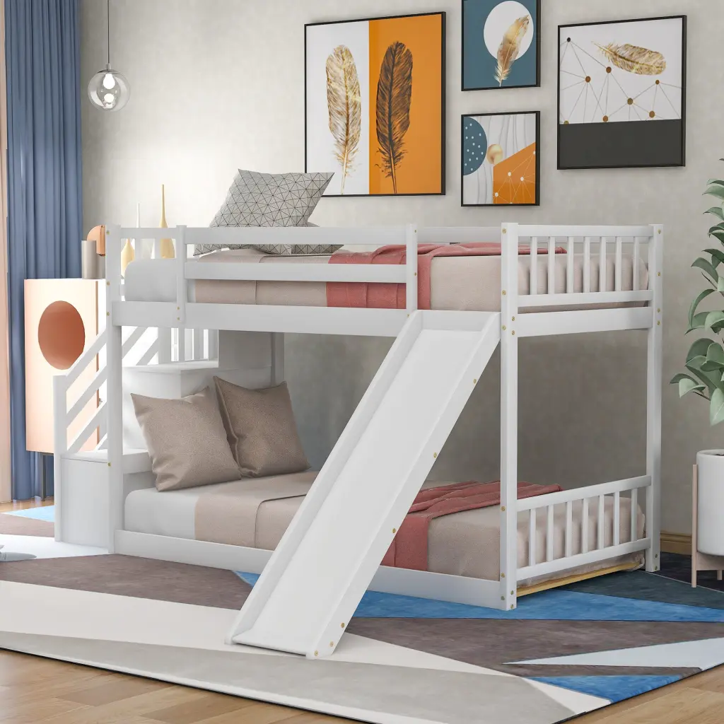 Twin Over Twin Bunk Bed Convertible Slide And Stairway White wm store
