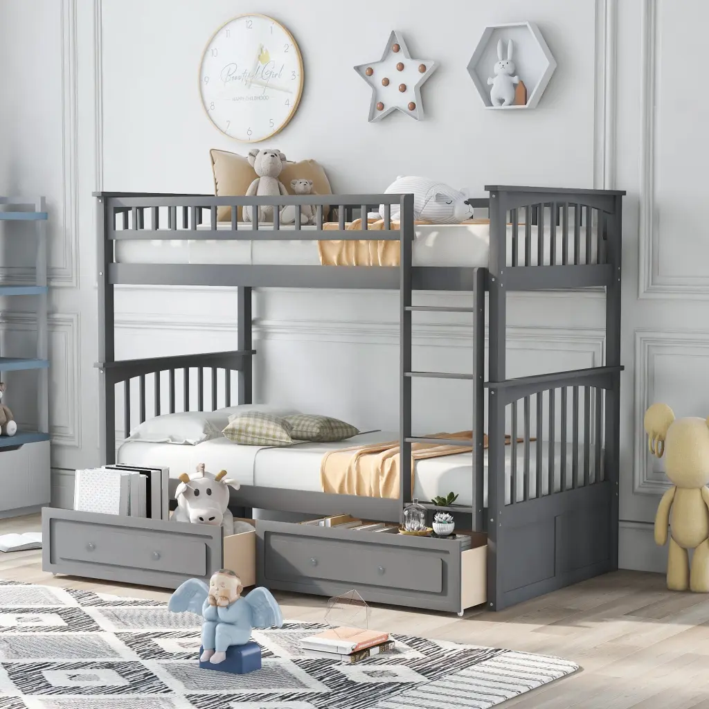 Twin Over Twin Bunk Bed Drawers Convertible Beds Gray wm store