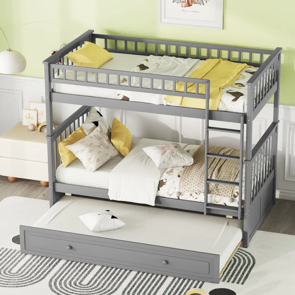 Twin Over Twin Bunk Bed Twin Size Trundle Convertible Beds Gray wm store