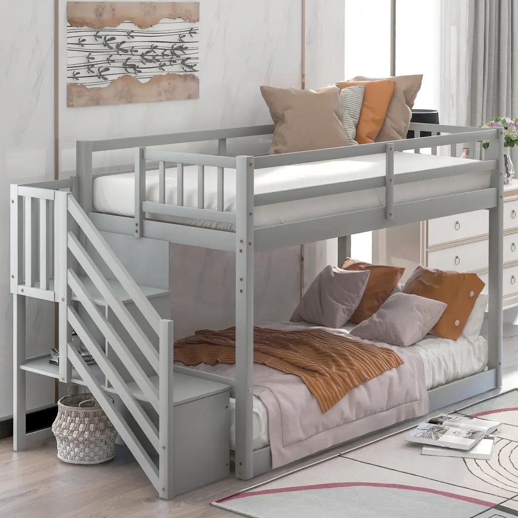 Twin Over Twin Floor Bunk Bed Ladder and Storage Gray wm store