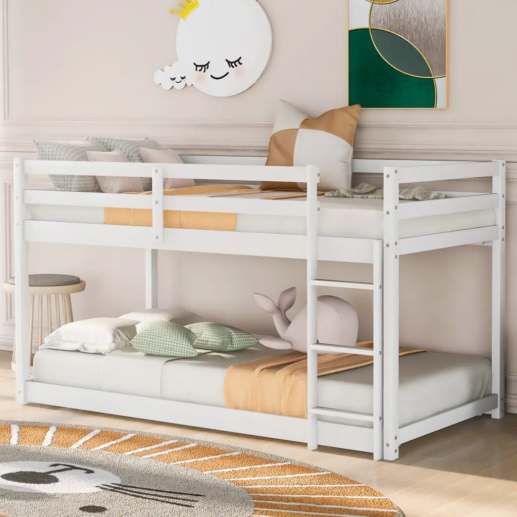 Twin Over Twin Floor Bunk Bed Ladder White Space Saving Kids Bed wm store