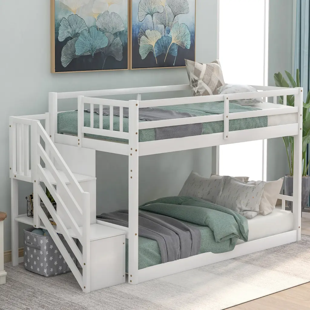 Twin Over Twin Floor Bunk Bed Ladder Storage White wm store