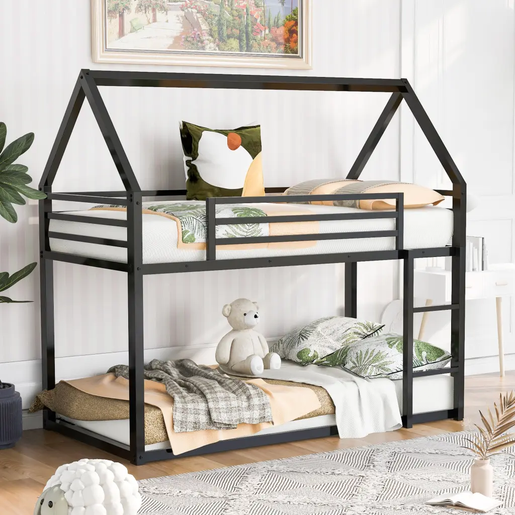Twin Over Twin Houtilize Bunk Bed Built- Ladder Black wm store
