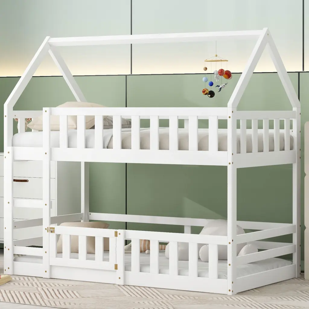 Twin Over Twin Houtilize Bunk Bed Fence And Door White Box Spring - Space Saving Kids Bed wm store