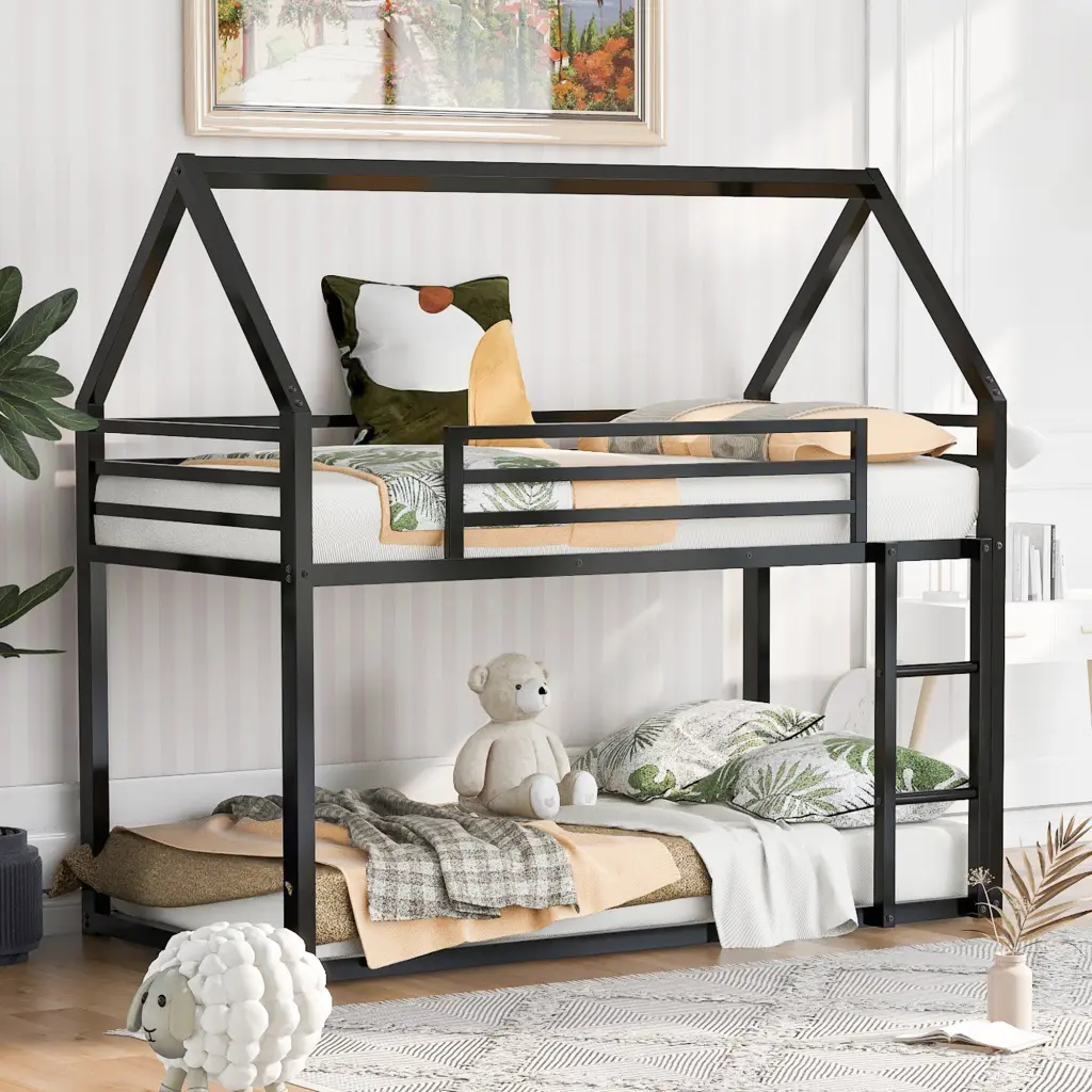 Twin Over Twin Houtilize Bunk Bed Built Ladder Black Metal wm store