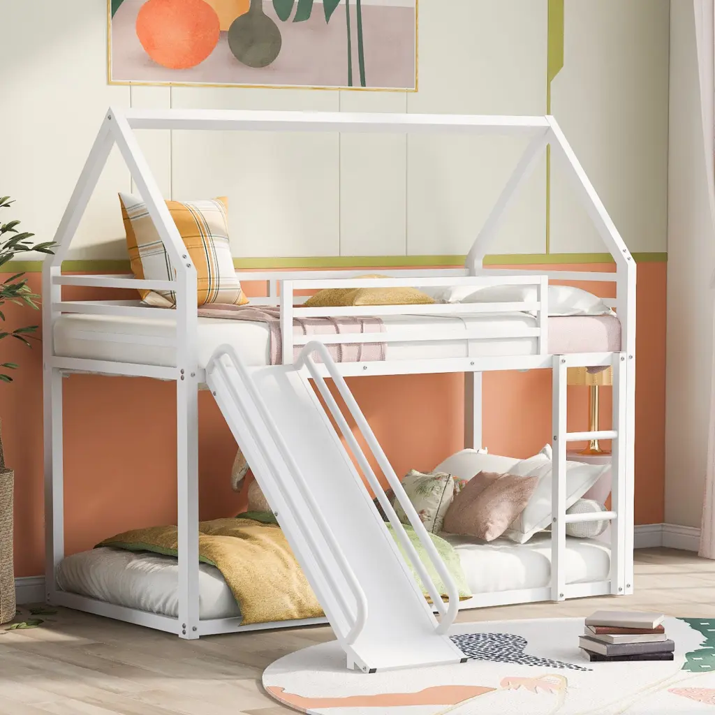 Twin Over Twin Houtilize Bunk Bed Ladder And Slide White Finish wm store