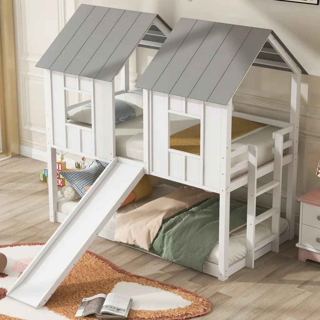 Twin Over Twin Houtilize Bunk Bed Slide And Windows White White Pine wm store