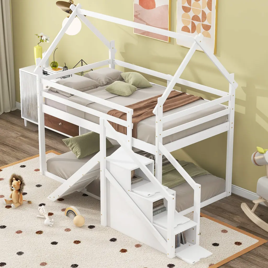 Twin Over Twin Loft Or Bunk Bed Slide And Staircase White Kids Bed wm store