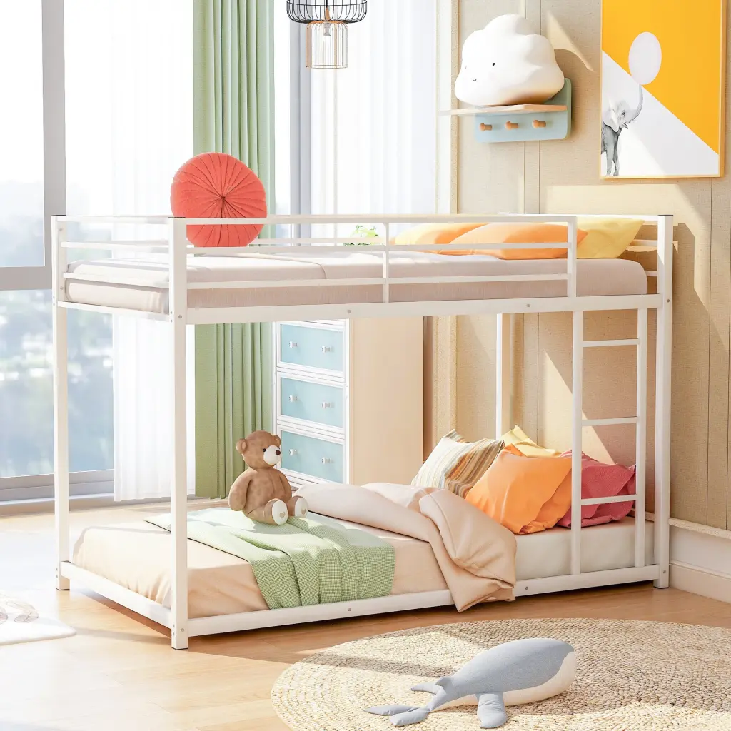 Twin Over Twin Metal Bunk Bed Low Bunk Bed Ladder White wm store