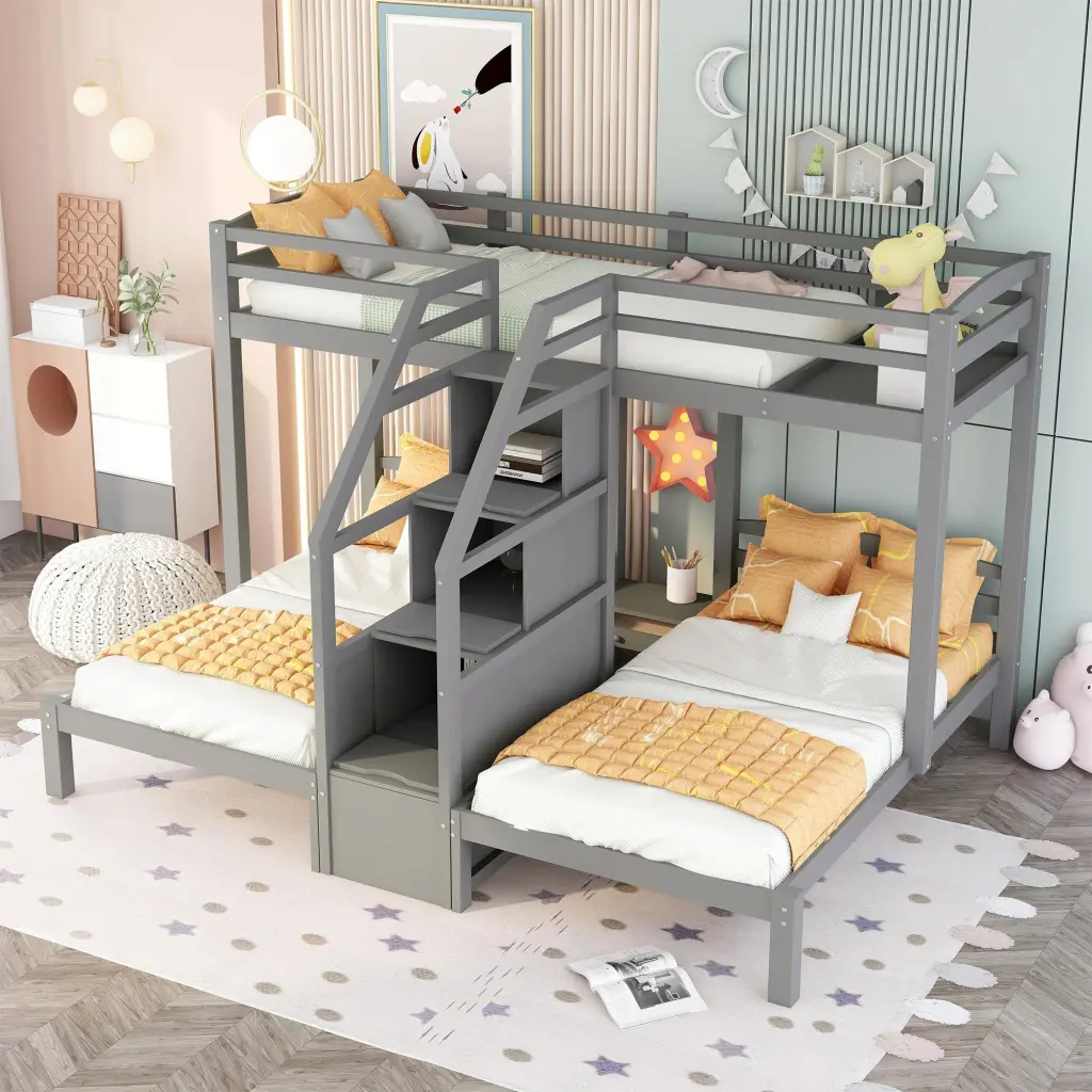 Twin Over Twin & Twin Bunk Bed Constructed Staircase And Storage Drawers wm store