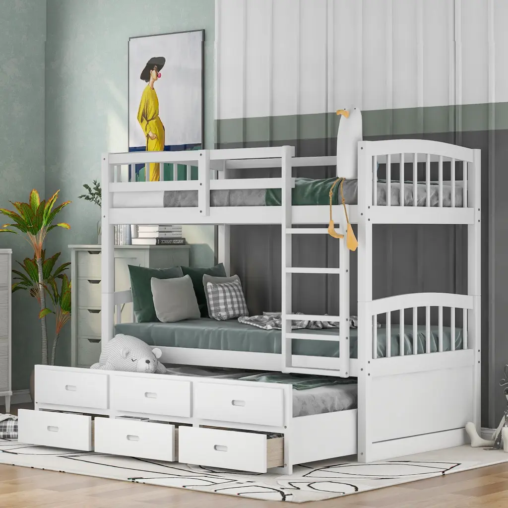 Twin Over Twin Wood Bunk Bed Trundle and Drawers White Box Spring wm store