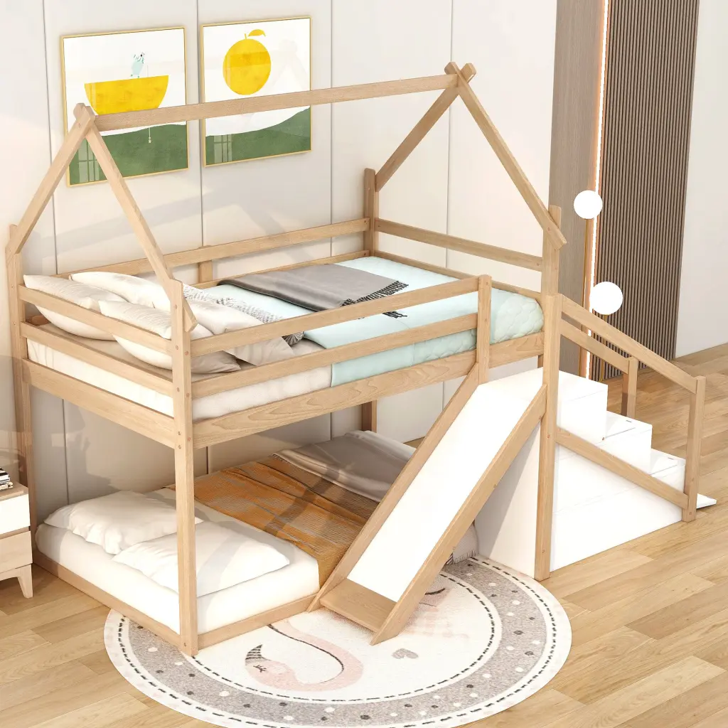Twin Over Twin Wood Loft Bunk Bed Slide and Staircase wm store