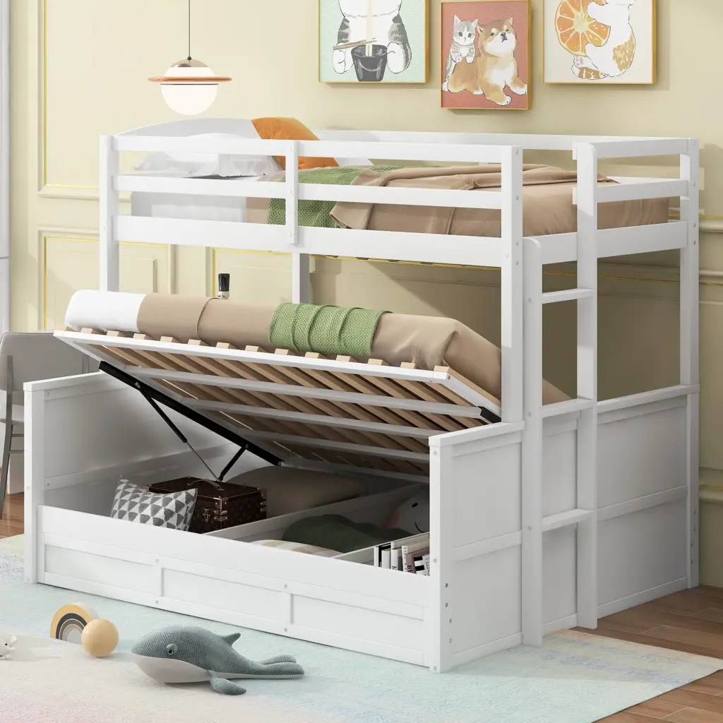 White Wood Twin Over Full Bunk Bed Hydraulic Lift Up Storage wm store