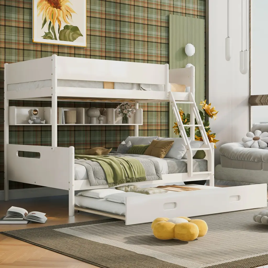 Wood Twin Over Full Bunk Bed Storage Shelves And Twin Size Trundle wm store