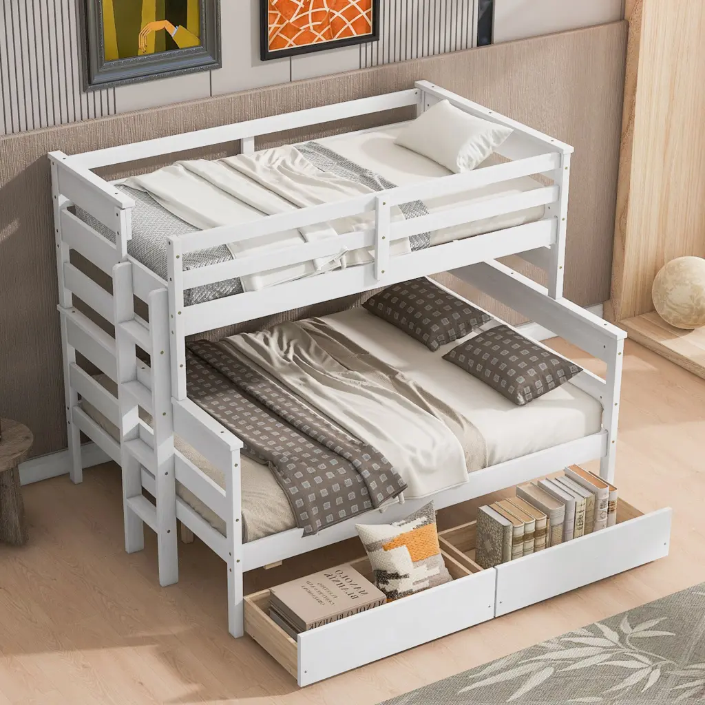 Wood Twin Over Full Bunk Bed 2 Drawers White Box Spring Not Required Space Saving Bed wm store
