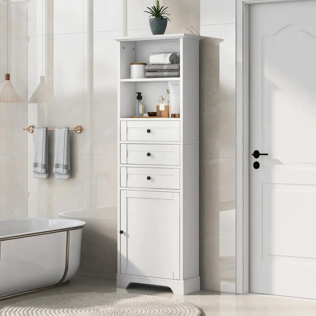 White Tall Storage Cabinet 3 Drawers Adjustable Shelves Bathroom Organizer by