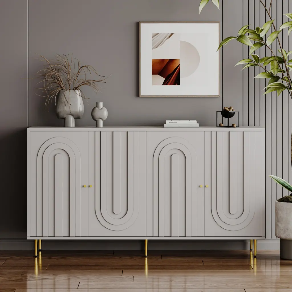 Modern Gray Lacquered 4 Door Wooden Cabinet Sideboard Buffet Server Storage fs furniture