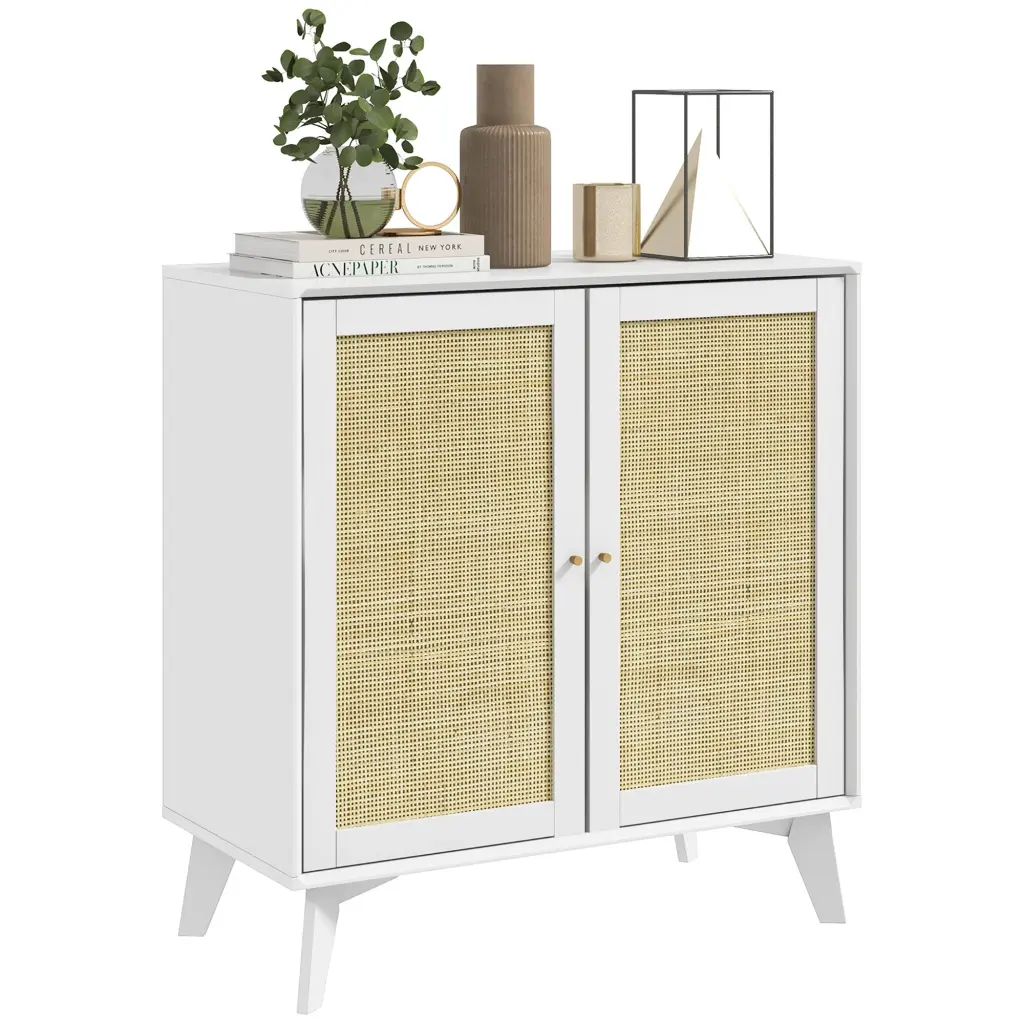 Homcom Boho Storage Cabinet Kitchen Cabinet 2 Rattan Doors White Freestanding Cupboard aosom business