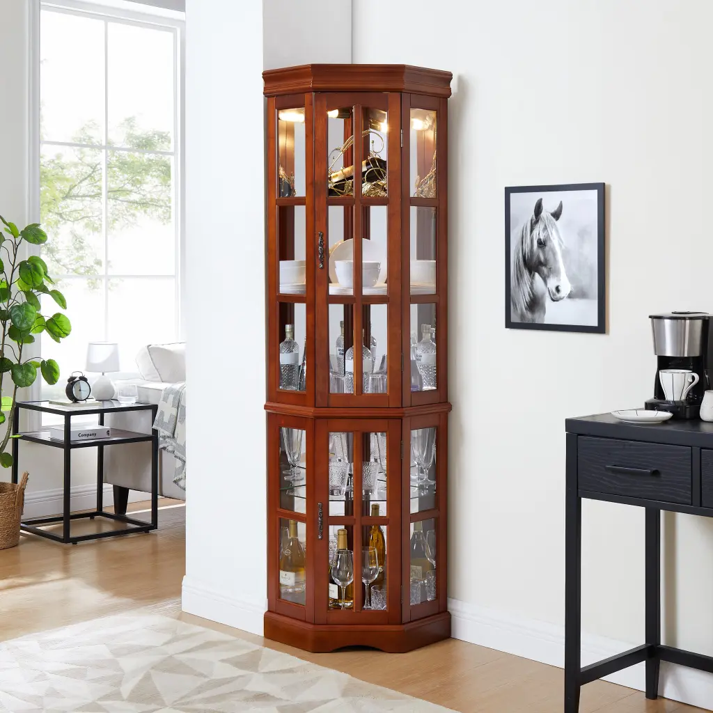 Corner Curio Cabinet 5 Shelves And Lighting System, Walnut Finish, E26 Bulb Compatible harmony