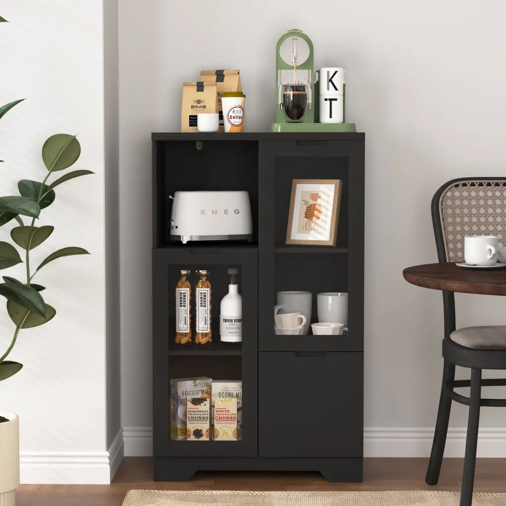 Wooden Floor Cabinet 2 Glass Doors And 2 Storage Space Black Living Room newmark