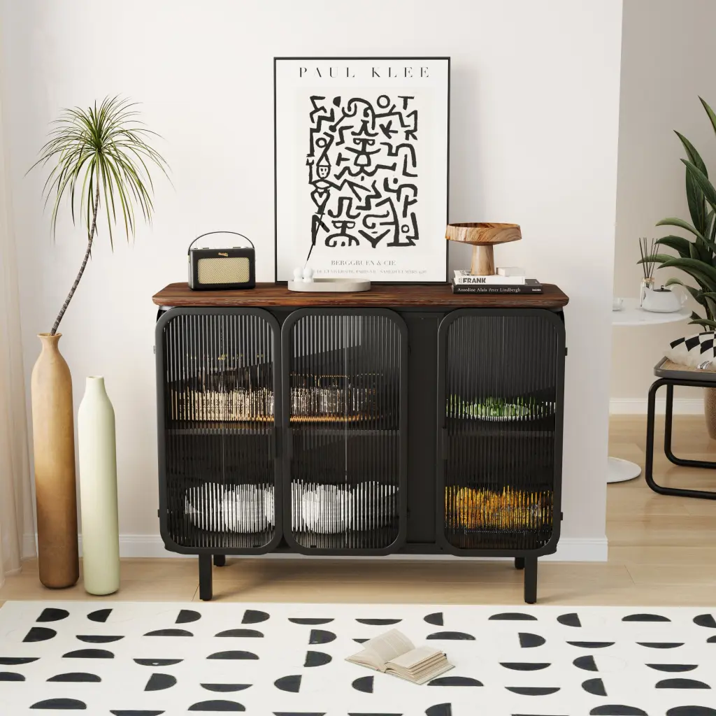 40.94 Inch Glass Doors Modern Three Door Cabinet Two Tier Storage spribung