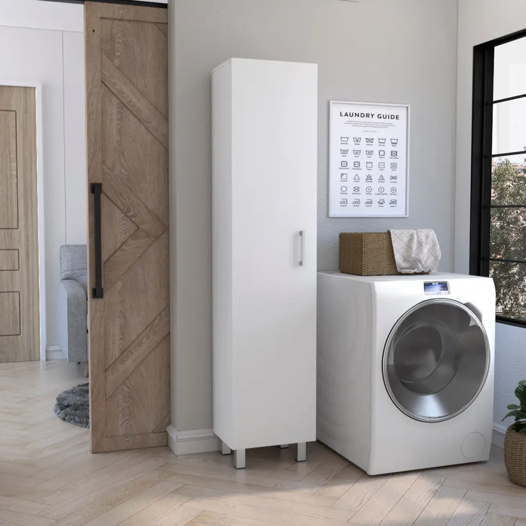 Vintro Storage Cabinet Broom Hangers and Metal Handle White tuhome